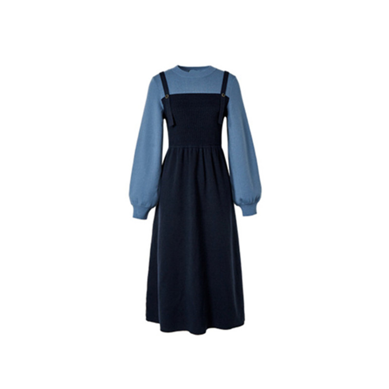 蓝色背带裙假两件连衣裙女2023秋冬新款撞色针织毛衣裙长裙子
