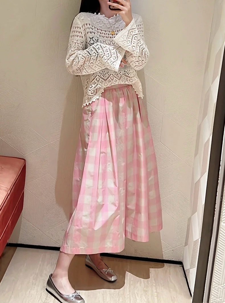 鄂同款纯原品质 复古格纹半身裙女2024年夏季新品浪漫粉色A字伞裙