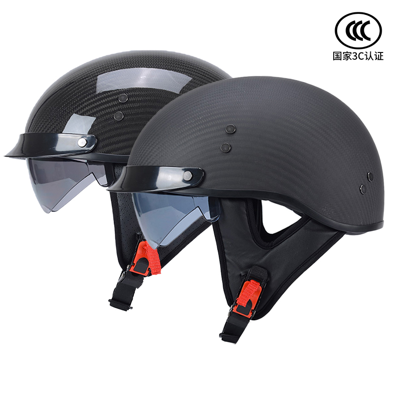 国标3c认证碳纤维头盔复古车半盔男摩托车安全盔瓢盔电动机车头盔