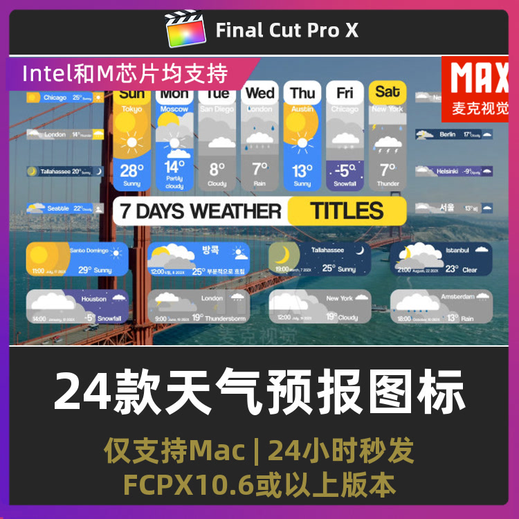 finalcutpro模板 24款晴雨时间温度日期天气预报图标动画fcpx插件
