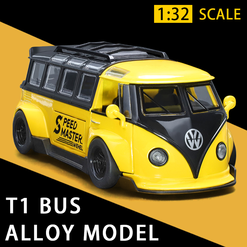 大众T1巴士宽体面包改装版旅行房车仿真合金儿童声光回力玩具模型