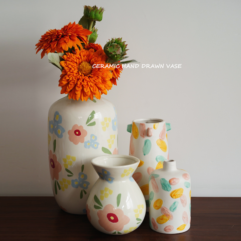 。小众设计师 出口欧式手绘艺术创意陶瓷花瓶 花卉图案家居装饰插