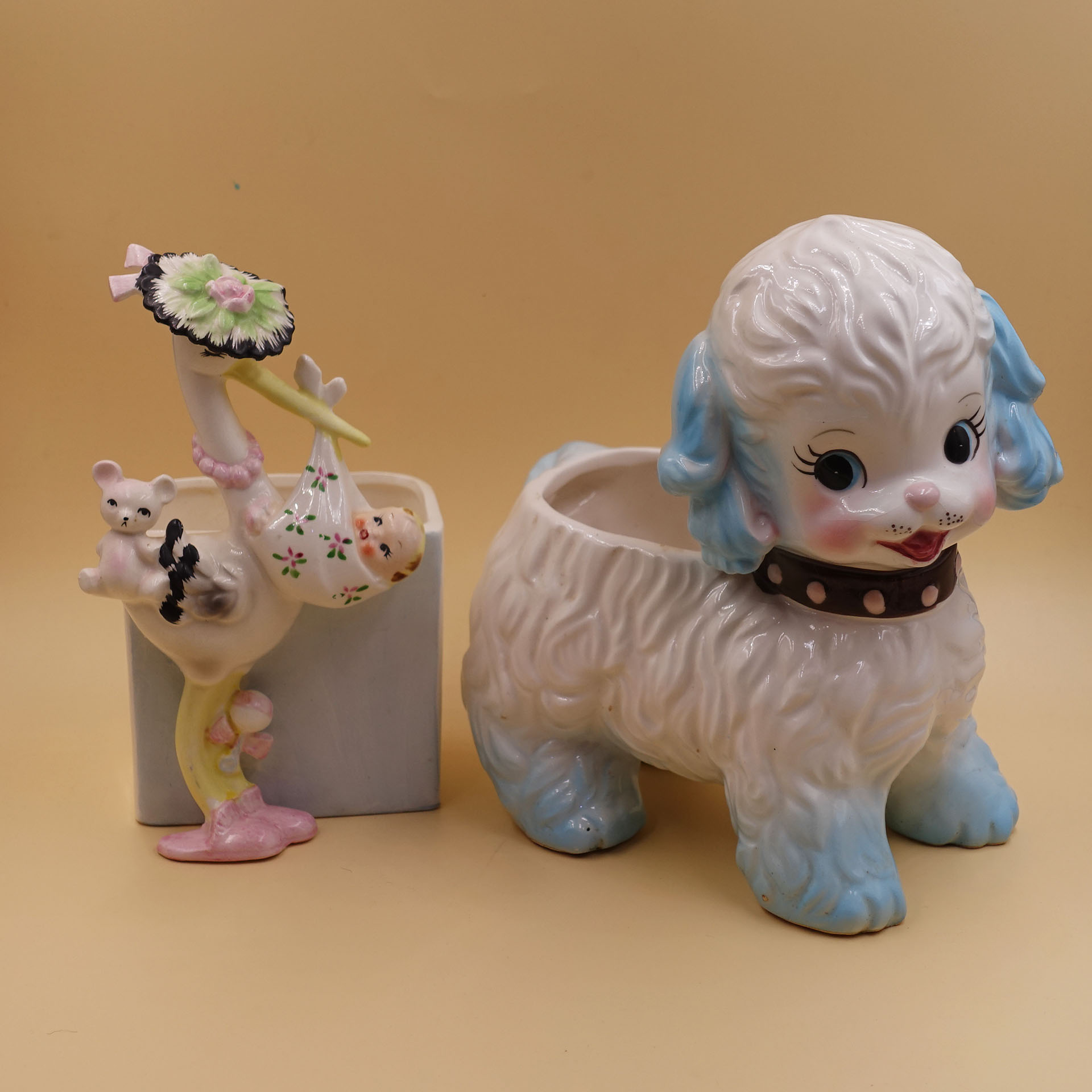 西洋古董昭和中古50年代日本陶瓷花瓶摆件仙鹤送子小羊