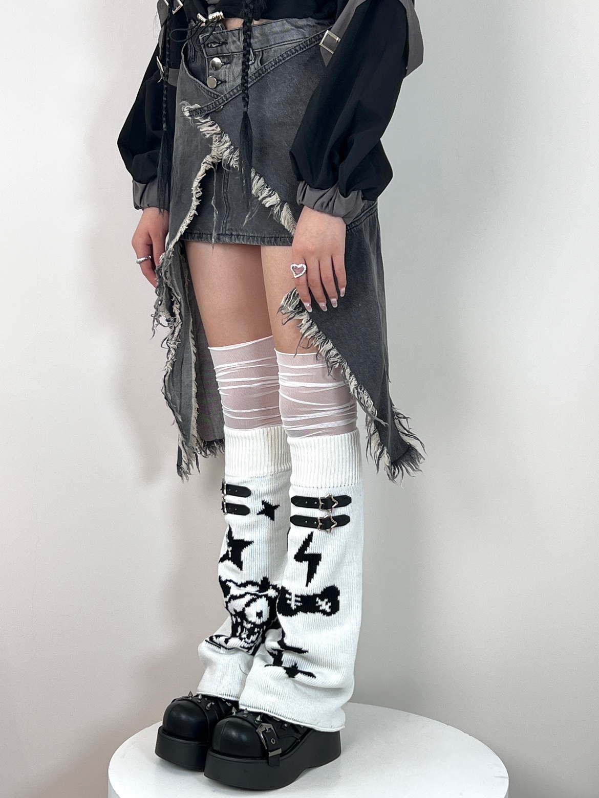 BON 日系网纱拼接星星骷髅元素阔腿袜套朋克亚文化y2k显瘦堆堆袜