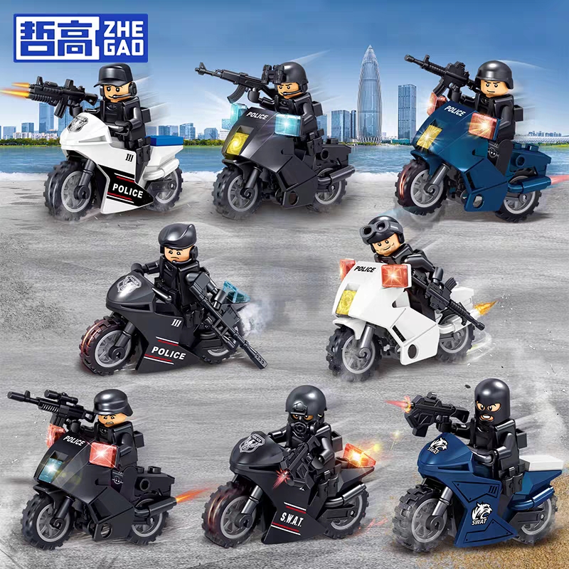 警察军事特警特种兵人仔摩托车男孩拼装积木儿童益智玩具武器配件