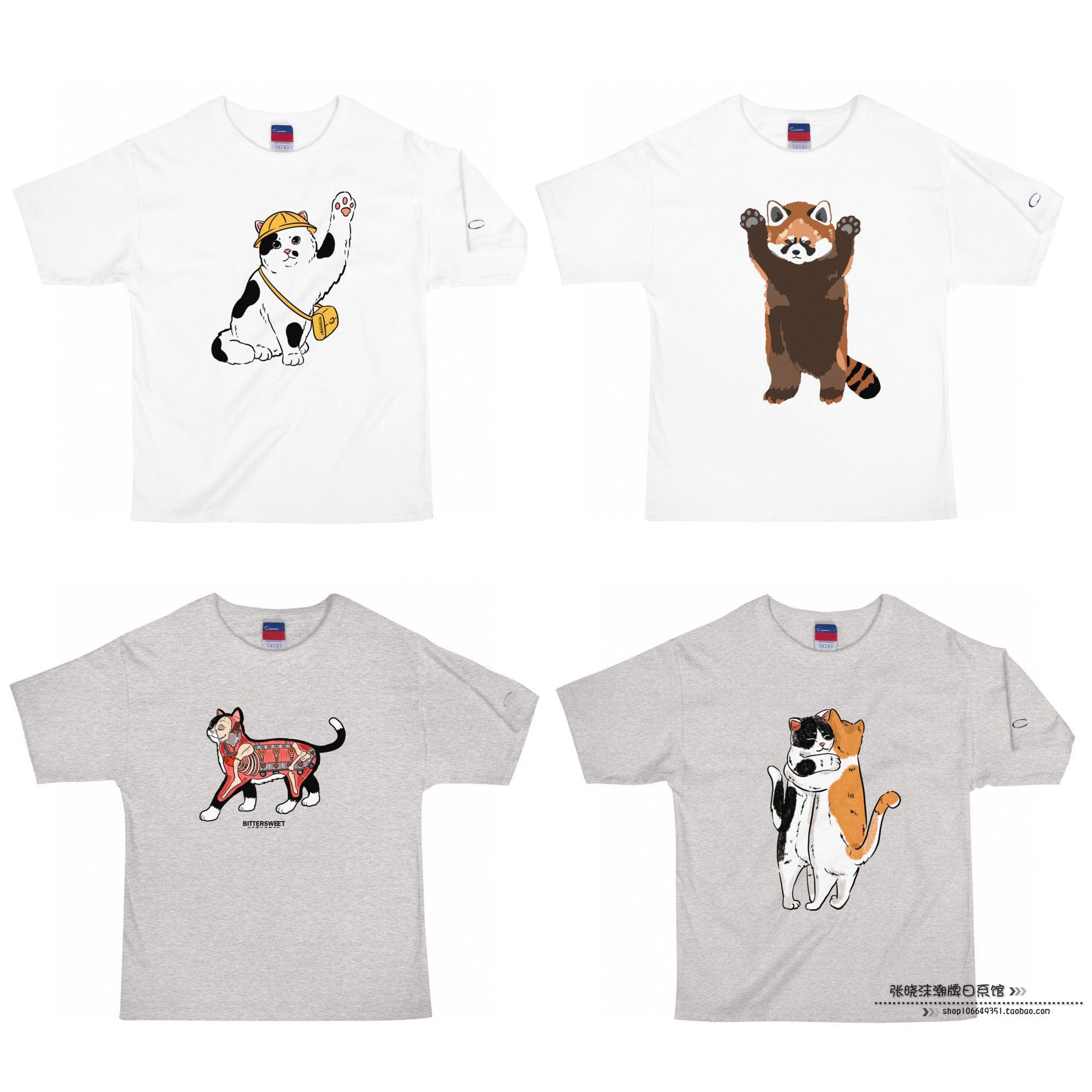 张晓沫22夏新品日系猫和熊卡通图案印花纯棉短袖T恤上衣男女情侣