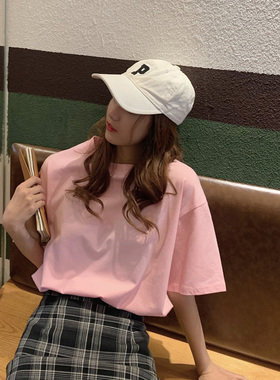 夏季短袖女2021年新款t恤半袖宽松学生韩版棉质ins潮粉色体恤春装