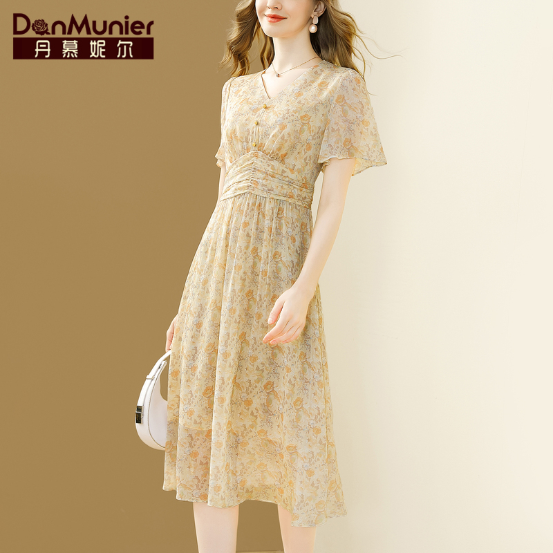 丹慕妮尔法式v领雪纺连衣裙2024夏季新款女装气质高腰印花中长裙