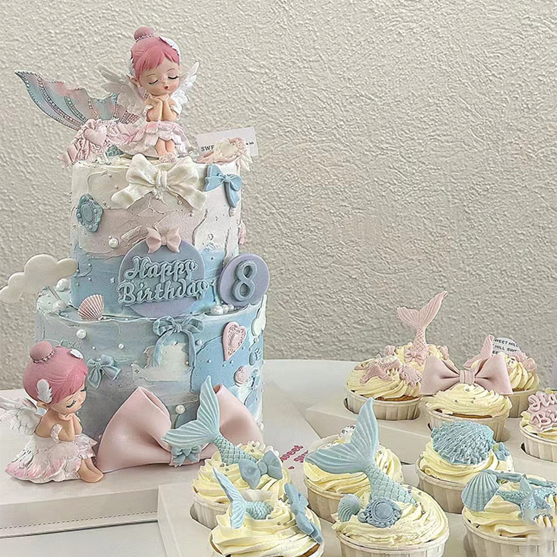 贝拉公主女孩儿童生日蛋糕简约双层云朵蝴蝶结摆件装饰品蝴蝶城堡