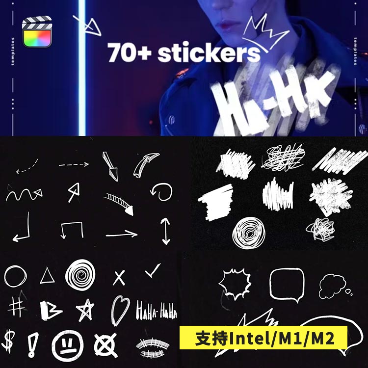 FCPX插件Animated Stickers手绘卡通涂鸦图形贴纸元素动画70个