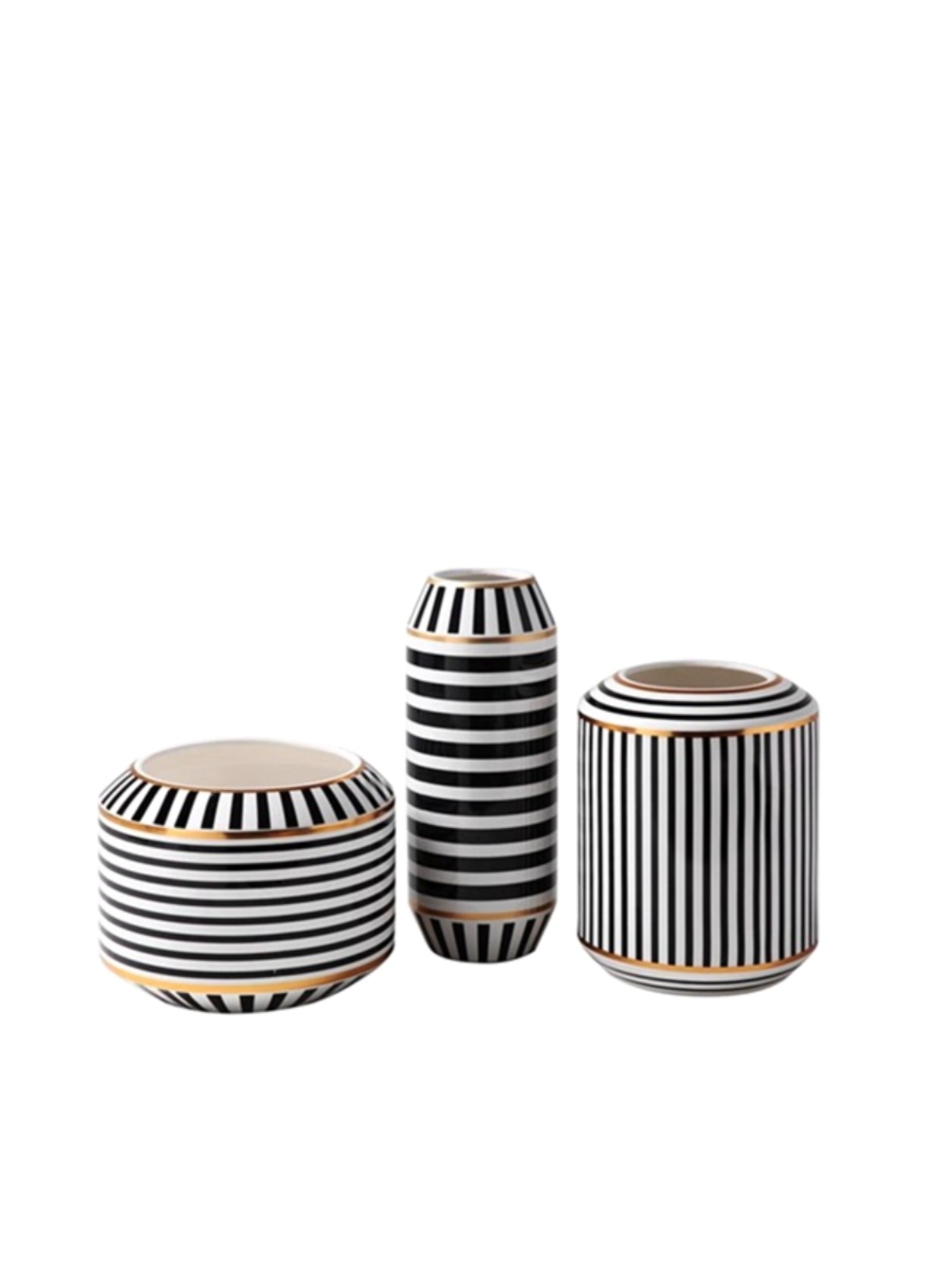 抽象后现代轻奢风新古典陶瓷电镀金色几何线条纹白色黑色柱形花瓶