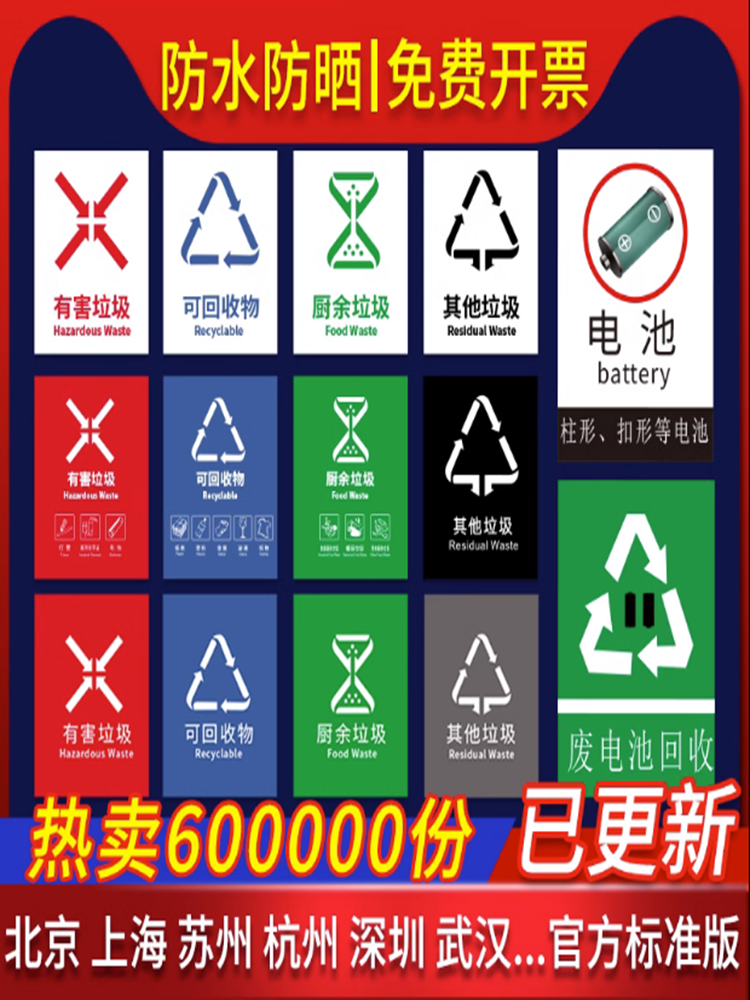 河南郑州重庆厦门温州上海垃圾分类贴纸全国通用大垃圾桶标识牌可回收不可回收厨余有害垃圾标语宣传广告海报