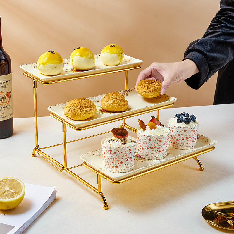 2024新品亚马逊蛋糕陶瓷点心架三层水果盘折叠甜品台自助餐展示架