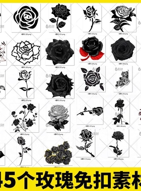 玫瑰花黑色花朵花纹简笔画花瓣花束手绘剪影ps免抠png图片素材