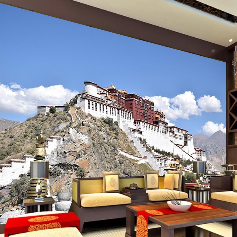藏式布达拉宫背景墙纸西藏风景壁画蓝天白云大厅沙发电视壁纸壁布
