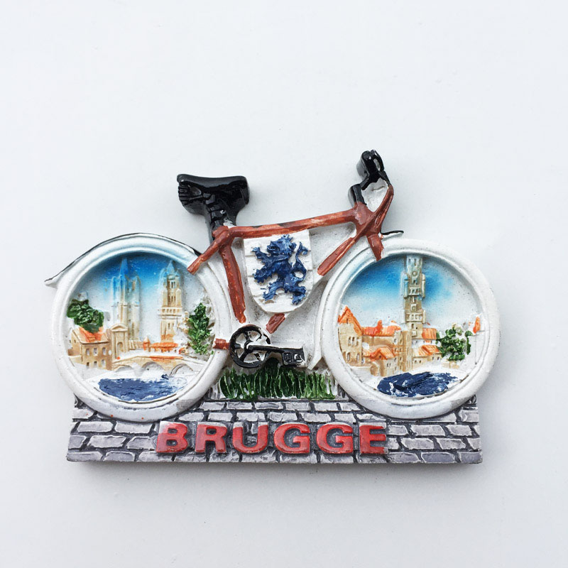比利时布鲁日创意自行车风景 立体彩绘旅游纪念装饰品磁性冰箱贴