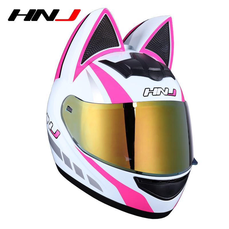 新款HNJ夏季猫耳朵头盔电动摩托车男女蝴蝶结四季个性酷可爱机车