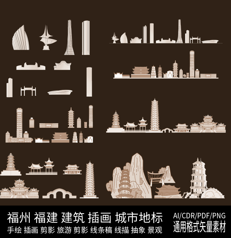 福州福建建筑天际线条描稿地标城市景点剪影插画旅游设计手绘素材