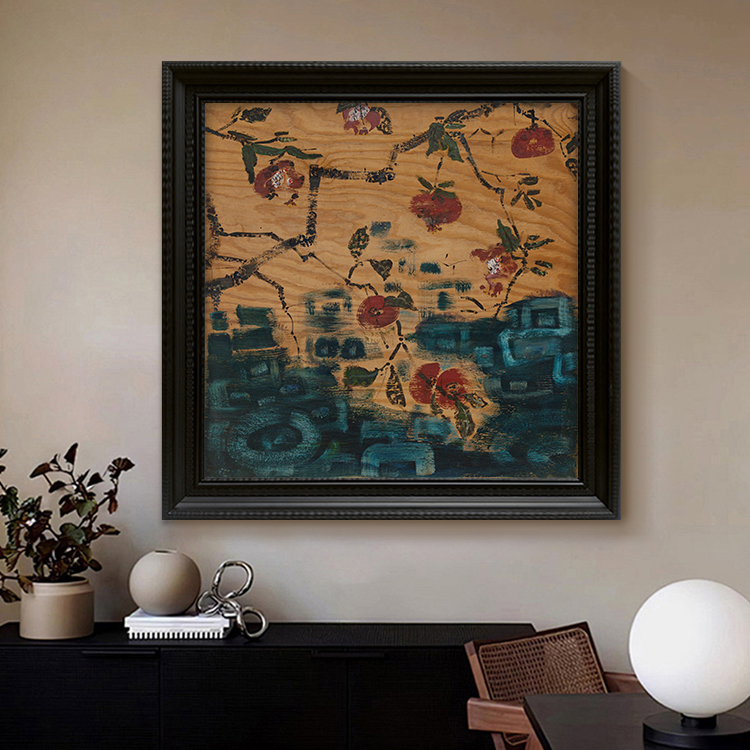 日式原木风抽象植物花卉客厅餐厅装饰挂画高级感现代玄关手绘油画