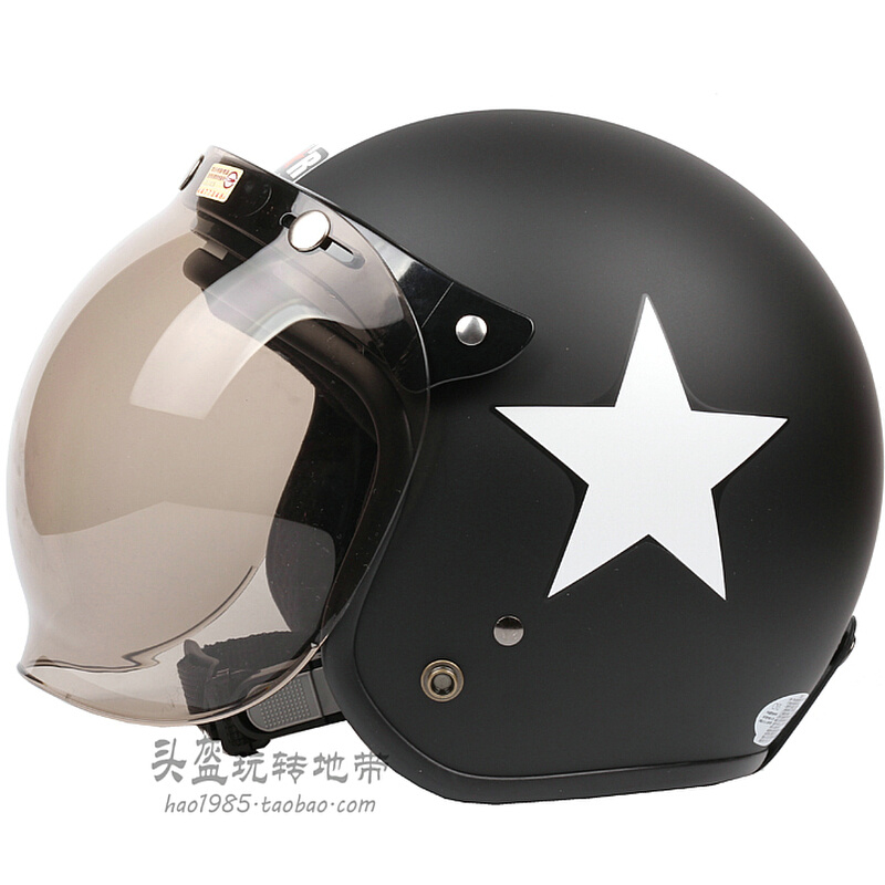 。台湾正安磨砂黑色白星电动摩托车头盔男女安全帽复古冬季保暖哈