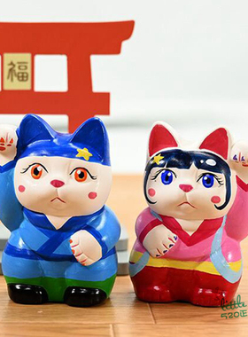 日本代购 招财猫 牛郎织女 职人手工手绘 可爱陶制日式开运摆件