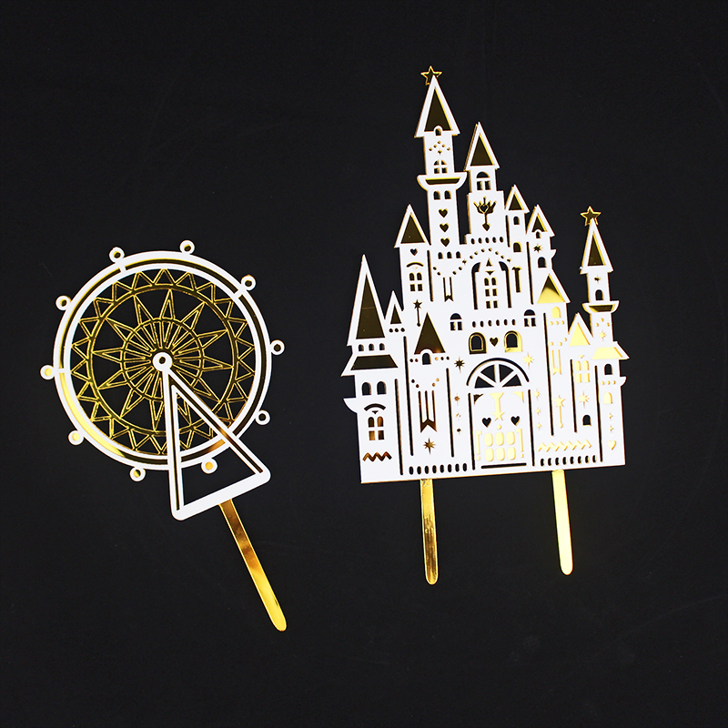亚克力金色双层大城堡生日蛋糕装饰插件公主甜品台烘焙摩天轮插牌
