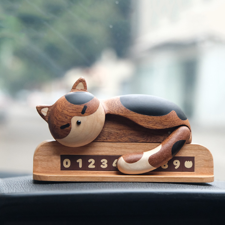 猫咪临时停车号码牌高档实木质电话挪车牌汽车摆件可爱中控台装饰