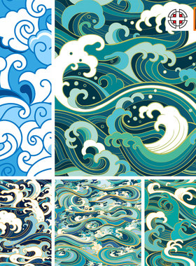 中国风传统纹样水波纹海浪云纹重复拼接印花图案AI矢量设计素材