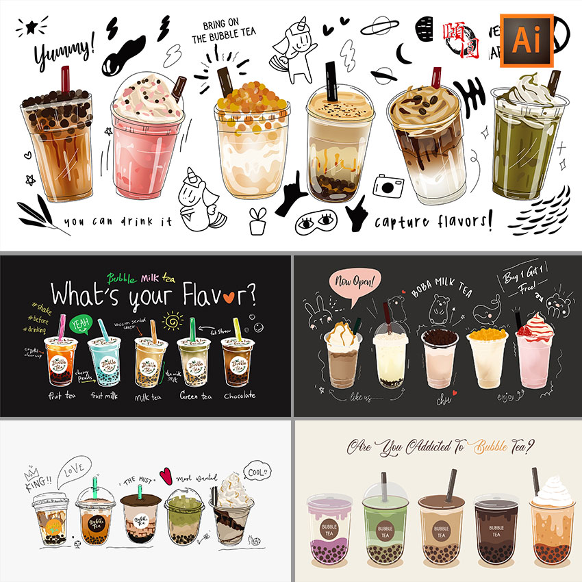 奶茶饮料可爱海报插画AI矢量设计素材