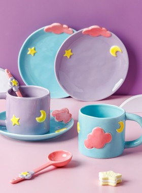 韩式少女心星月童话陶瓷马克杯点心小食盘子牛奶早餐杯咖啡杯勺子