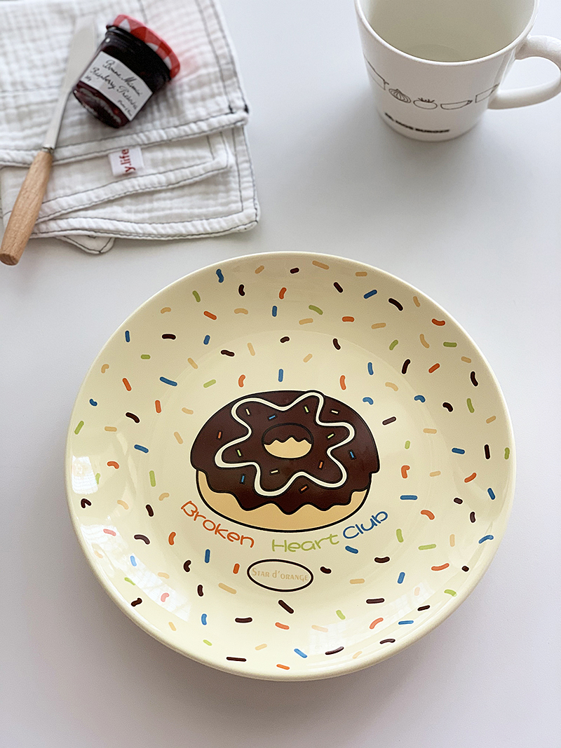 安木良品 韩国ins风可爱甜甜圈插画陶瓷奶黄色早餐甜品家用盘子