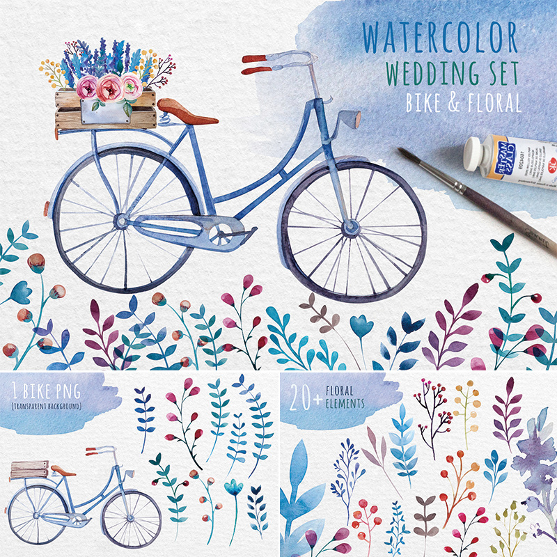 手绘水彩蓝色清新自行车花卉树曼DIY背景海报平面设计PNG手账素材