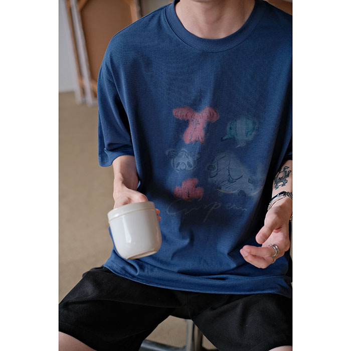 可乐生活自制 夏季260g纯棉手绘小狗插画韩版圆领动物短袖T恤男女