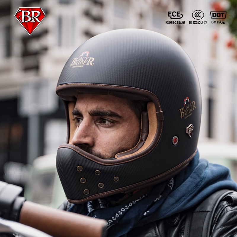 BR头盔摩托车头盔碳纤维男女骑行赛车机车哈雷复古四季通用安全盔