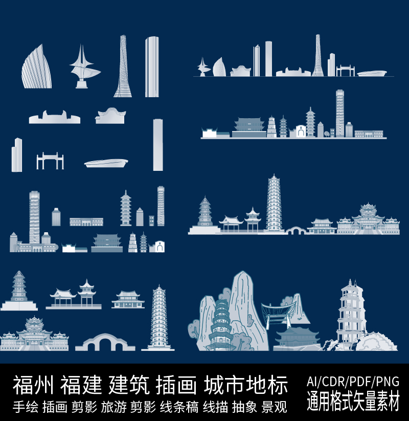 福州福建建筑天际线条描稿地标城市景点剪影旅游插画设计手绘素材