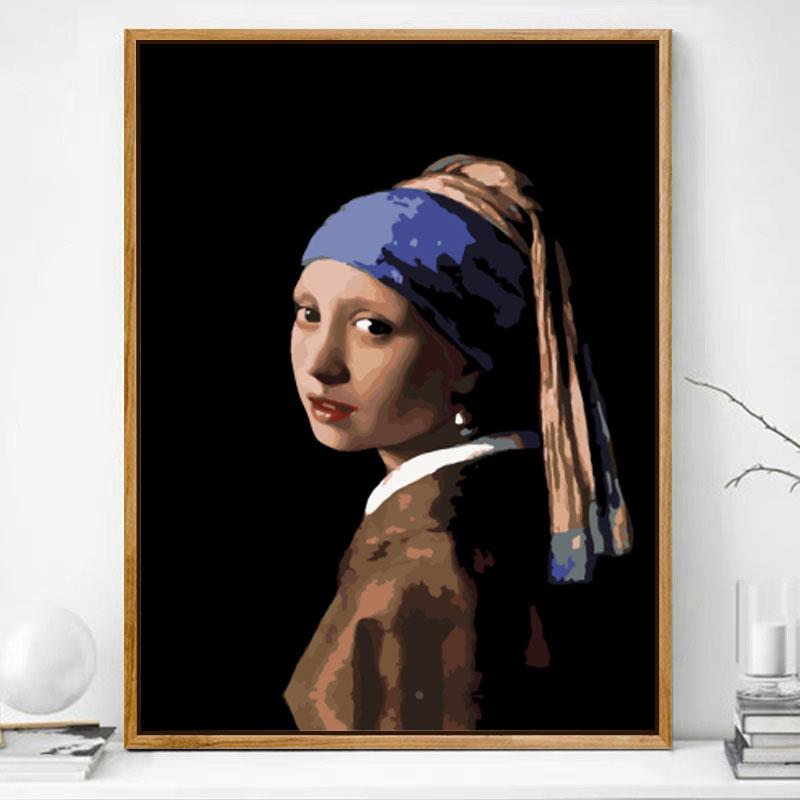 带珍珠耳环的少女数字油画diy填充色油彩画世界名画人物装饰油画
