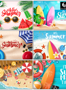 炎热夏天夏季大海洋沙滩旅游度假英文派对海报矢量图片设计素材
