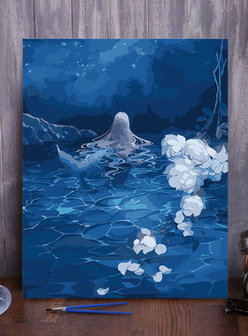 星空美人鱼梦幻城堡丙烯填色画简单自愈系减压装饰画