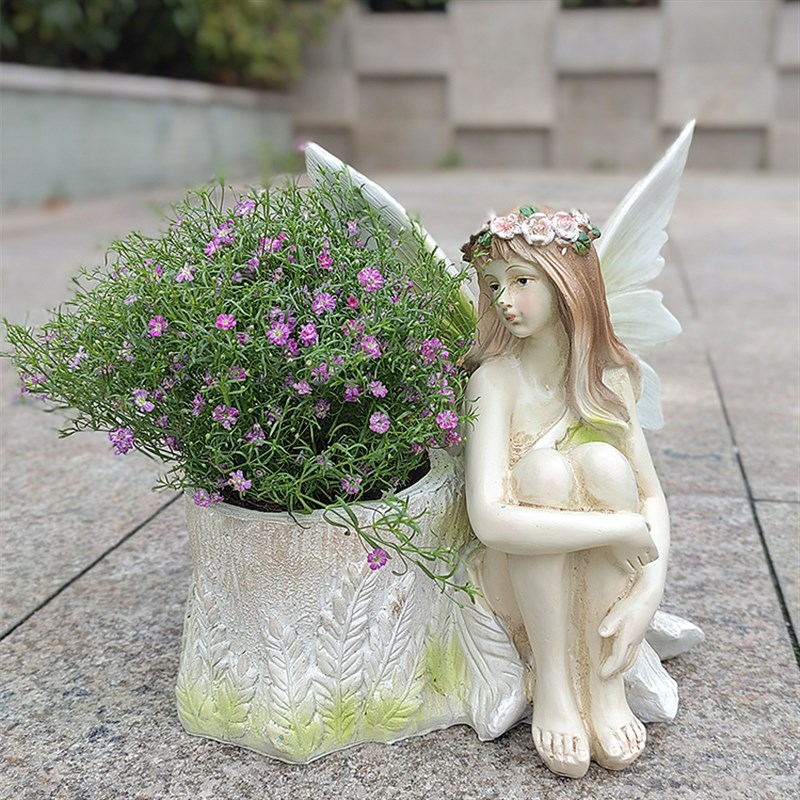 新款花仙子树脂花盆欧式创意花缸阳台花园天使装饰摆件户外庭院用