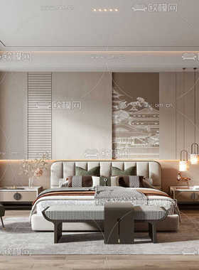 新中式主卧床样板间家具酒店豪华套房高端布艺软靠双人床别墅婚床
