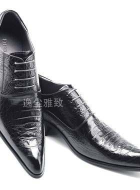 逸尘雅致日本高档商务正装尖头系带鳄鱼纹高跟男士婚庆礼服皮鞋