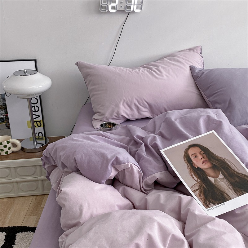 ins纯色混搭风水洗棉床上四件套床单淡紫色被套宿舍三件套床笠1.8