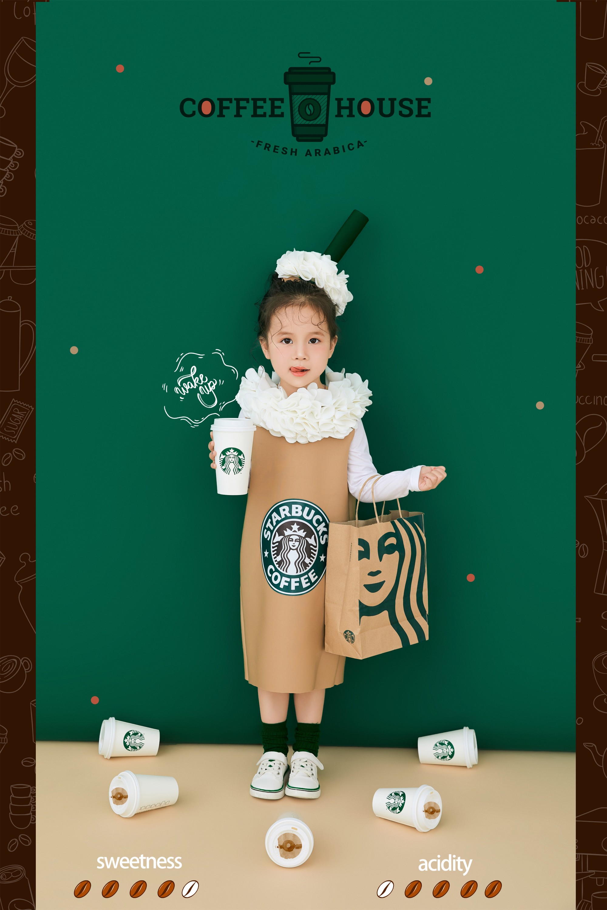 儿童摄影服装巴克奶茶咖啡万圣节造型表演服饰女孩艺术照拍照衣服