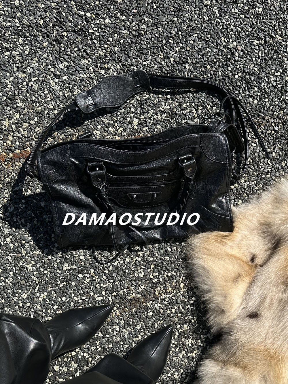 Damao studio卖卖辣妹新潮牛皮铆钉流苏mini机车皮包单肩斜挎手提