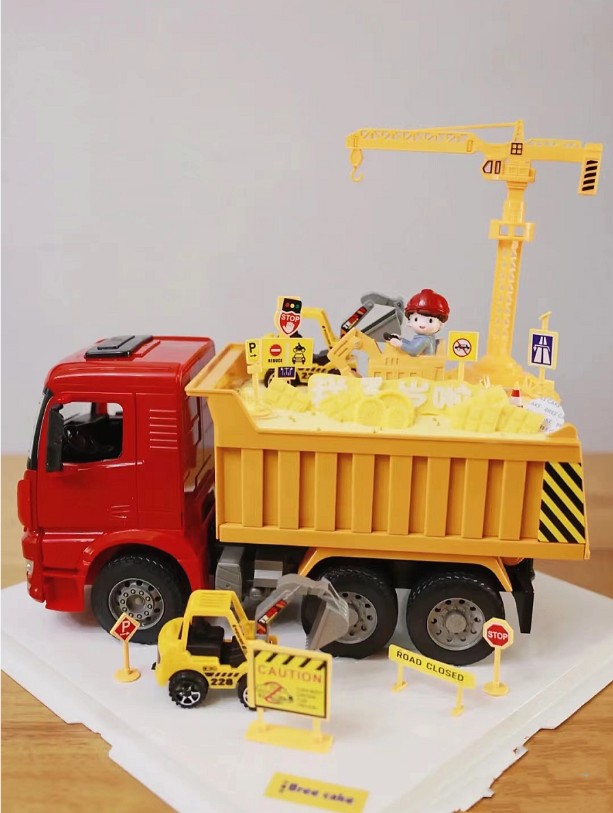 儿童小孩生日蛋糕装饰摆件大号工程车翻斗车挖机交通指示牌插件