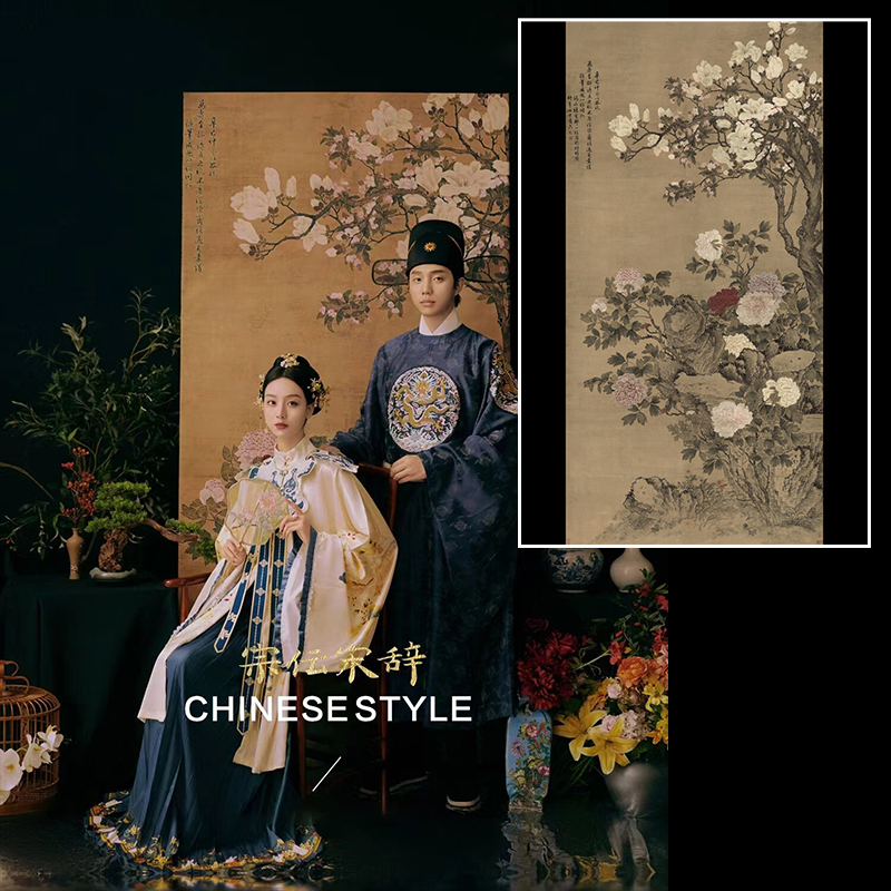 复古中国风花鸟工笔画中式拍照背景布古风明制汉服婚纱照全家福
