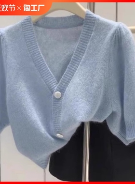 广州十三行高货高级感蓝色短袖针织开衫女夏季欧洲站欧货漂亮上衣