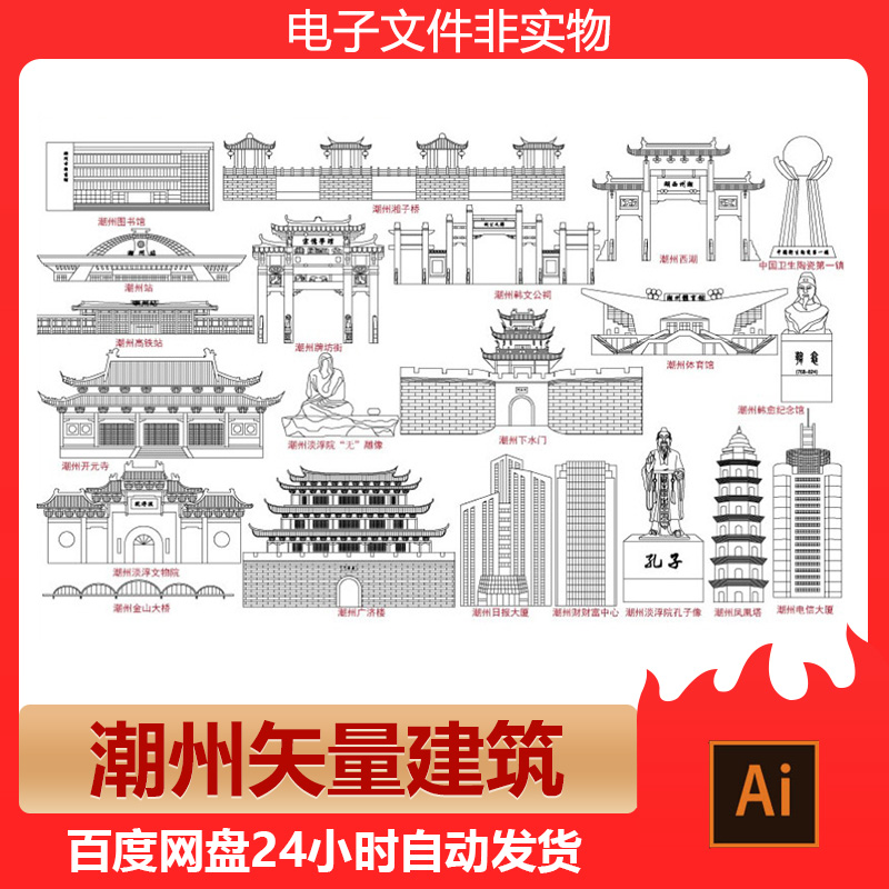 广东潮州城市建筑地标建筑物潮州旅游景点潮州剪影Ai设计素材
