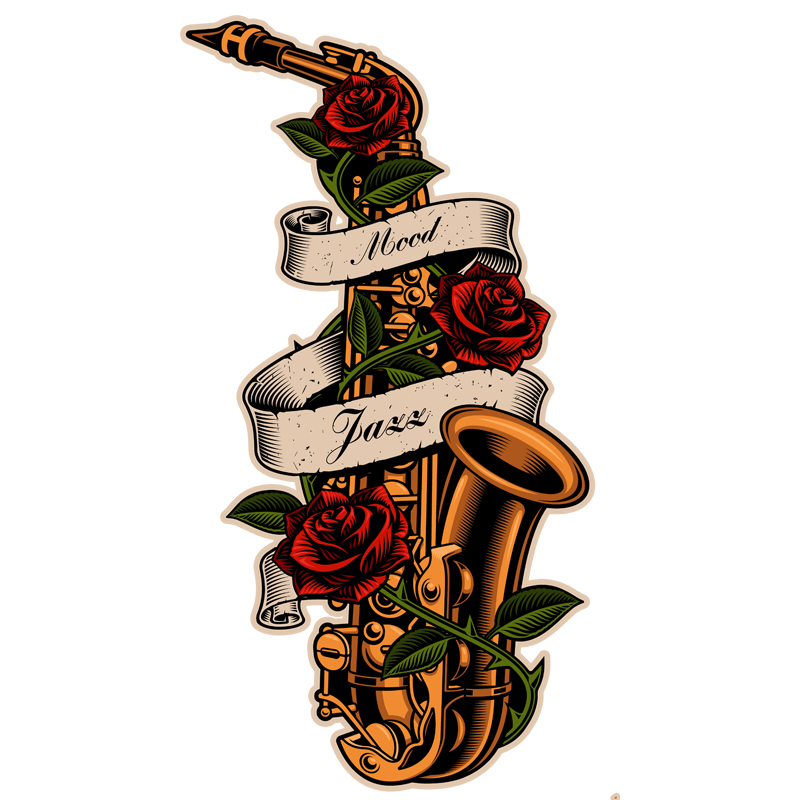 复古风格 萨克斯乐器 玫瑰纹身 OLD SCHOOL 摩托贴纸贴花#767