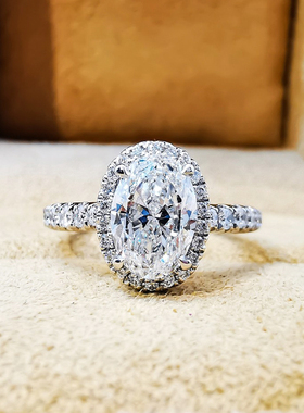 帝兰珠宝18K白金椭圆钻石戒指女戒 显大群镶真钻求婚结婚钻戒指环